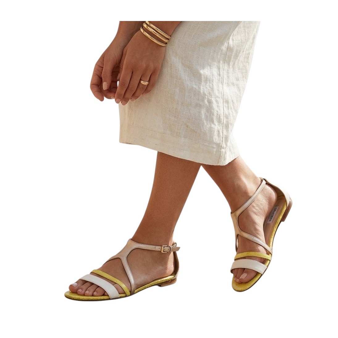 Max Mara Flat Leather Sandals Shoes Metallic Gold White Yellow Women's Size 7